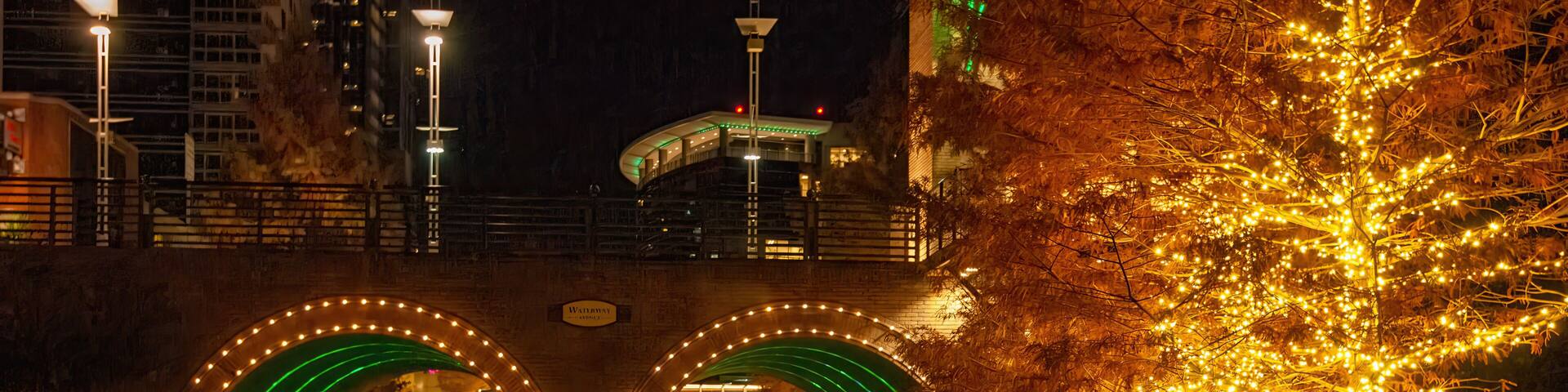 The Waterway at The Woodlands in Texas at night.
