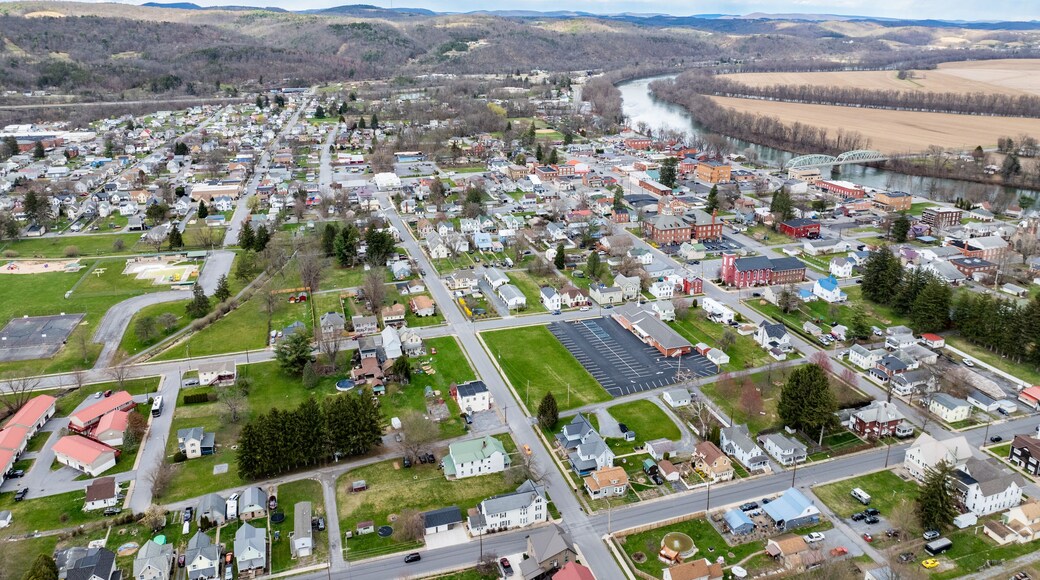 Jersey Shore, PA, USA - 03-17-2024 - Cloudy winter / spring aerial image of the borough, downtown area of Jersey Shore, Pennsylvania.