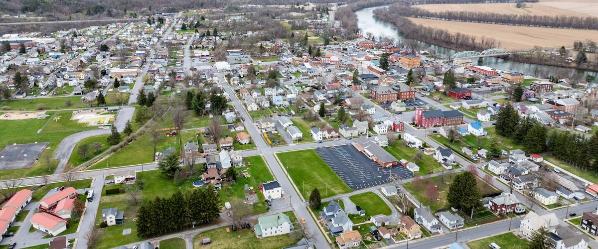Jersey Shore, PA, USA - 03-17-2024 - Cloudy winter / spring aerial image of the borough, downtown area of Jersey Shore, Pennsylvania.