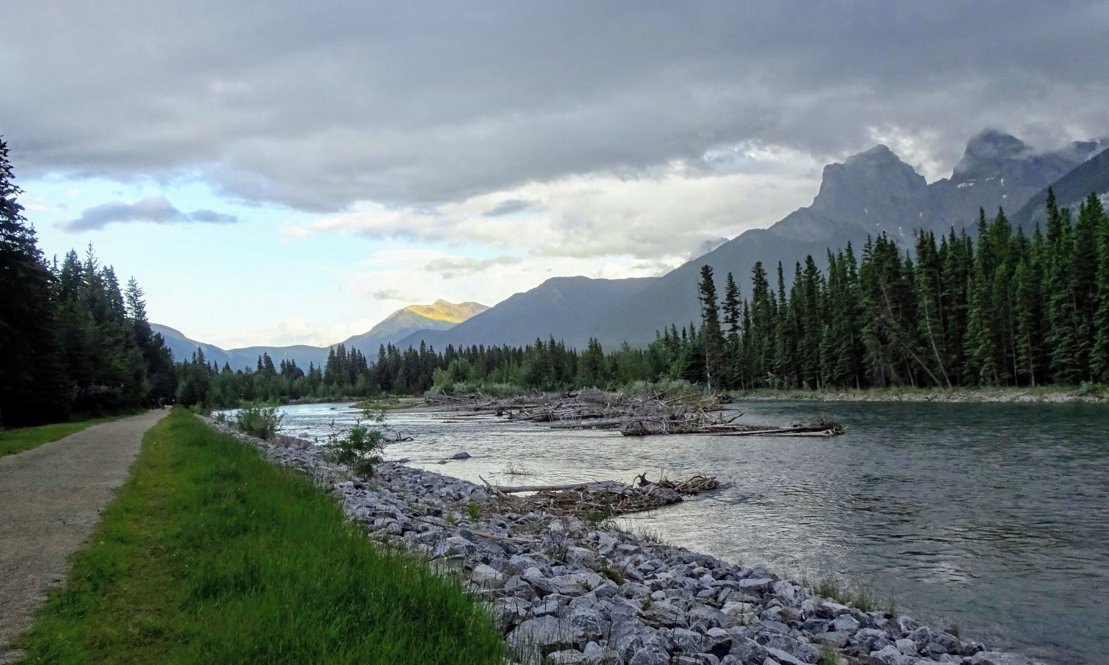 This was The Bow River in Canmore, Alberta, taken around 7:40 pm one evening. Last October when we were here, part of where the dead logs are were almost dry, one could walk around them. The river and lake levels were rmuch higher this time from spring run-offs and so much rain. It was a mixed bag of sun, clouds and rain all day. Love how the sun is shining on the side of the mountain in the background. Sunset was at 9:55 pm. (July 2019)

#Nature