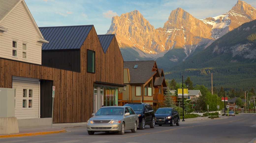 Canmore which includes a small town or village and mountains