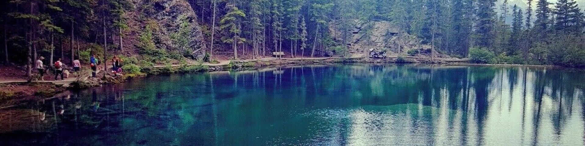 Un lago cristalino rodeado de un bosque denso y terreno rocoso.
