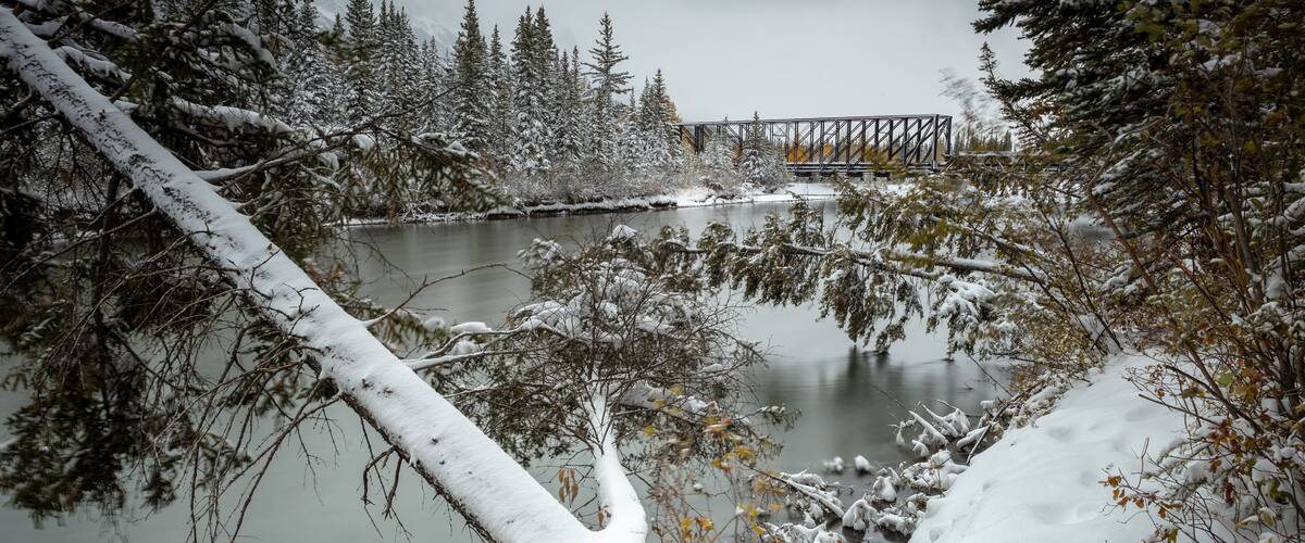 Bow River and the Engine Bridge in Canmore #BVS100K #canmore #snow #canada #visitcanada #river #bowriver #winter #landscapes #water #explore #hike #travel #Alberta #visitalberta
