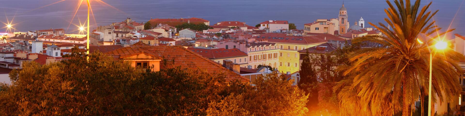 The aerial night view of Ajaccio old city , Corsica island .