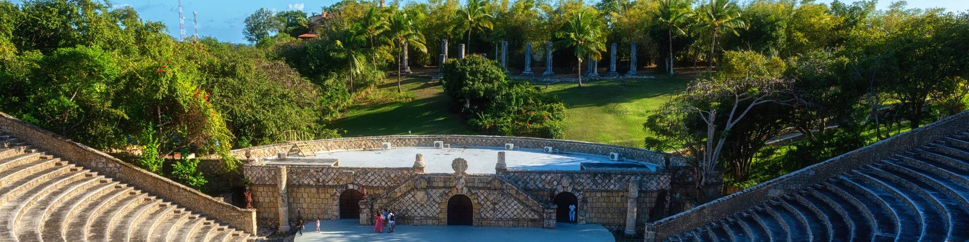 Scenic view of Altos de Chavon amphitheater, a tourist attraction, re-creation of a Mediterranean style village in La Romana near the Chavon river, Dominican Republic, Carribean travel