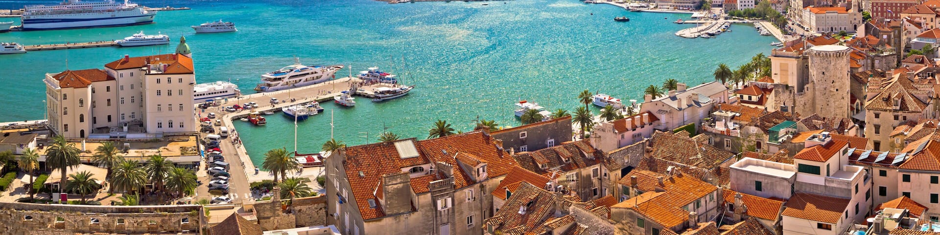 Split historic waterfront panoramic aerial view