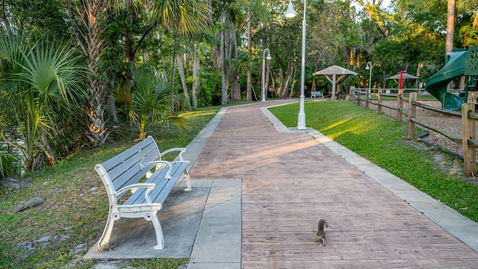 A wooden pathway, benches, and a playground in a park.