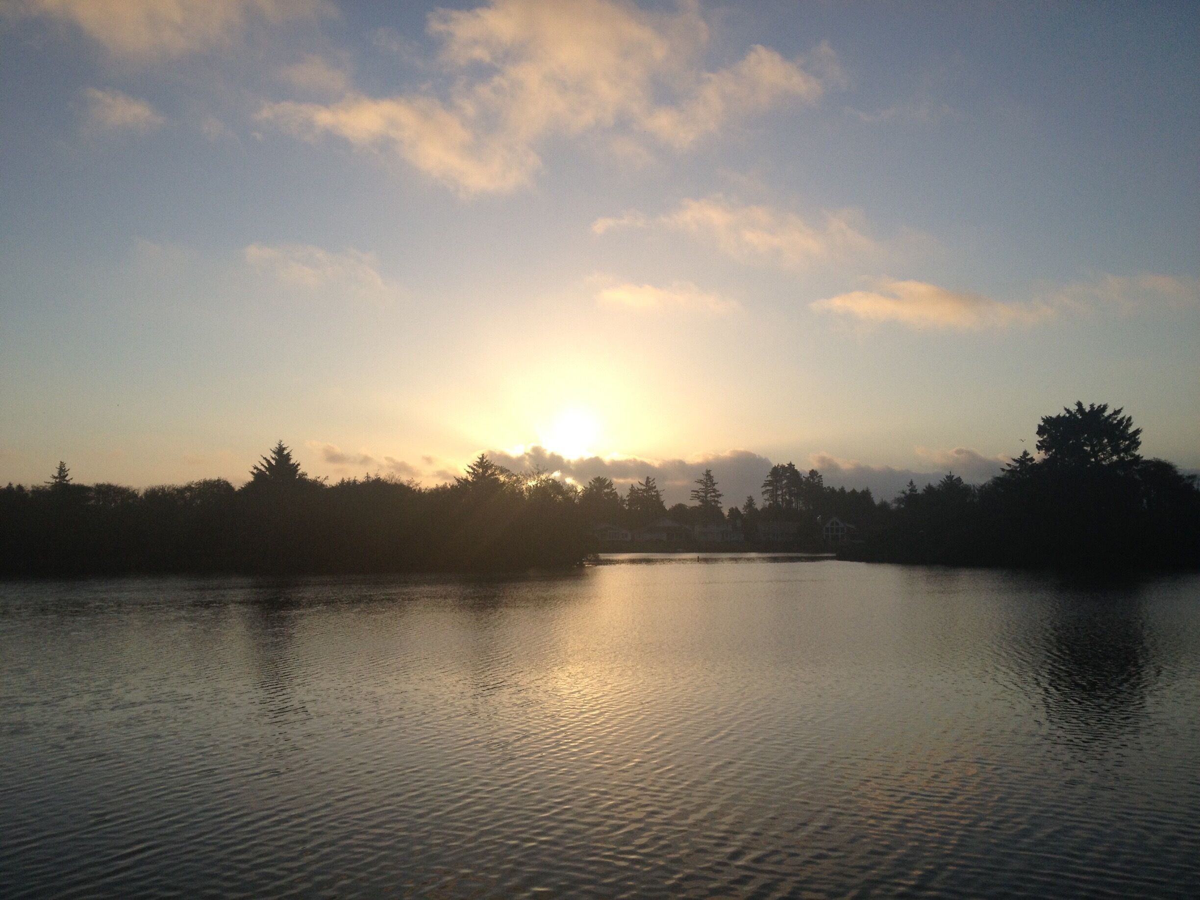 Break of day on Duck Lake in Ocean Shores. Deer family swims across from the islands just before sunrise