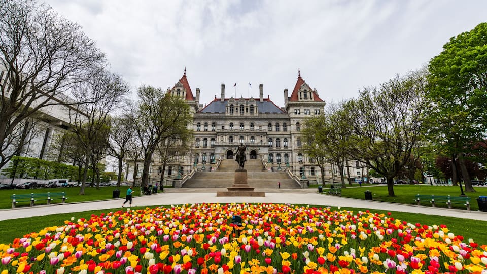 A large building with a statue in front, surrounded by a vibrant tulip garden.
