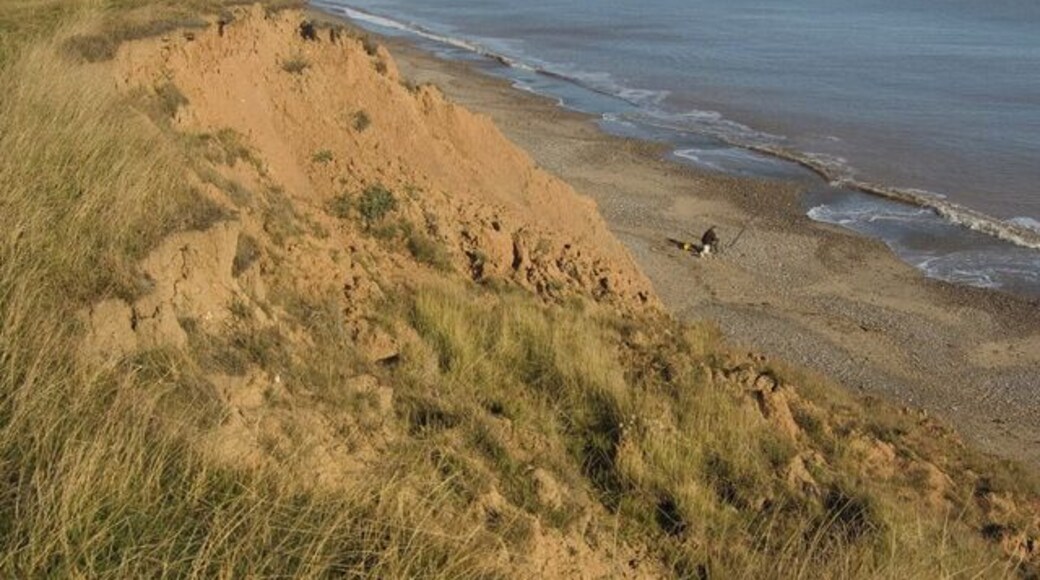 Tunstall cliffs and beach, Tunstall, East Riding of Yorkshire, England. Coastline east of the hamlet of Tunstall where, as along much of the Holderness coast, the clay cliffs are eroding at a rate of about 1.7m a year.
