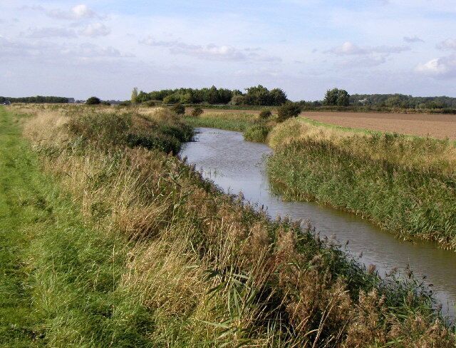 Winestead Drain, south of Patrington Haven, East Riding of Yorkshire, England. This is probably one of the main drains for draining the very flat SE of Holderness. Photo taken at MR: TA30512033 looking in a NW direction.