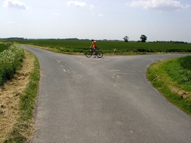Fork in the road south of Keyingham, East Riding of Yorkshire, England. Looking south from MR: TA23682449.