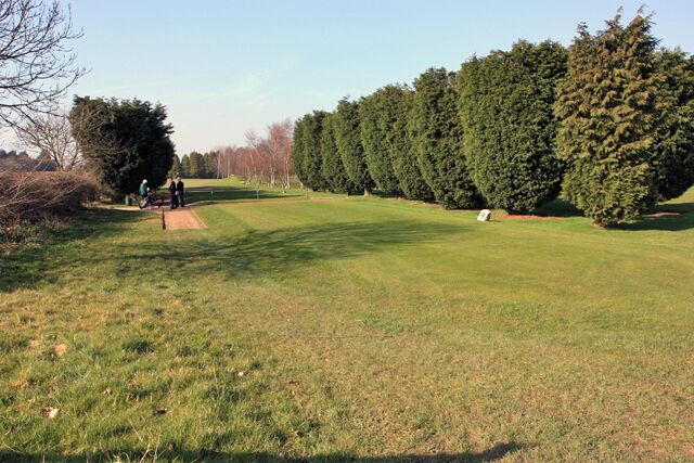A golf course with a putting green, trees, and a clear sky.