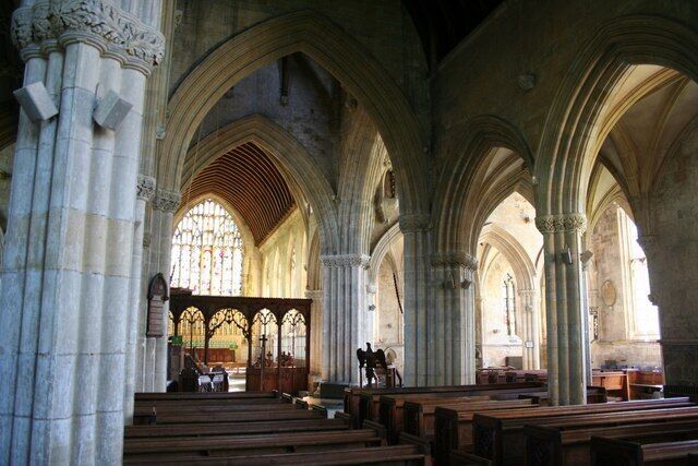 St.Patrick's nave, Patrington, East Riding of Yorkshire, England. Exquisite clustered piers and foliate capitals looking towards the crossing in St.Patrick's church.