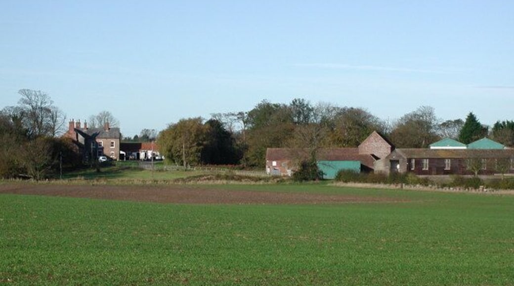 Bewick Hall, Aldbrough, East Riding of Yorkshire, England. Looking west-northwest from Withernwick Road at Cony Garth Hill, northwest of Aldbrough. The name Bewick is an Anglo-Scandinavian hybrid meaning 'dairy farm near the bees'. The present Bewick Hall is an 18th-century building which was remodelled in the later 19th century and incorporates materials from an earlier house. The medieval manor house is thought to have stood on a moated site just west of the newer building.