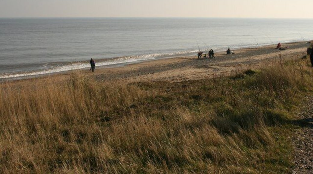 Kilnsea Warren, Kilnsea, East Riding of Yorkshire, England. As the arable land of Holderness becomes the Spurn Peninsula, the height of the land drops and the cliffs disappear. The land is then very vulnerable to winter storms. On this bright Sunday, hopeful anglers turned out.
