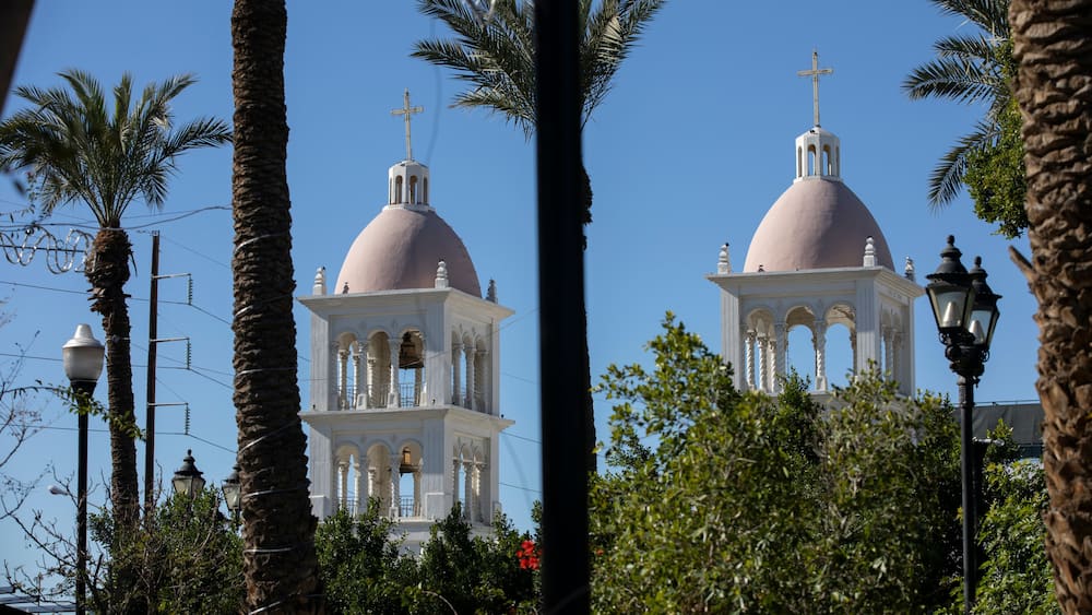 Two white domed towers with crosses, surrounded by palm trees and greenery.