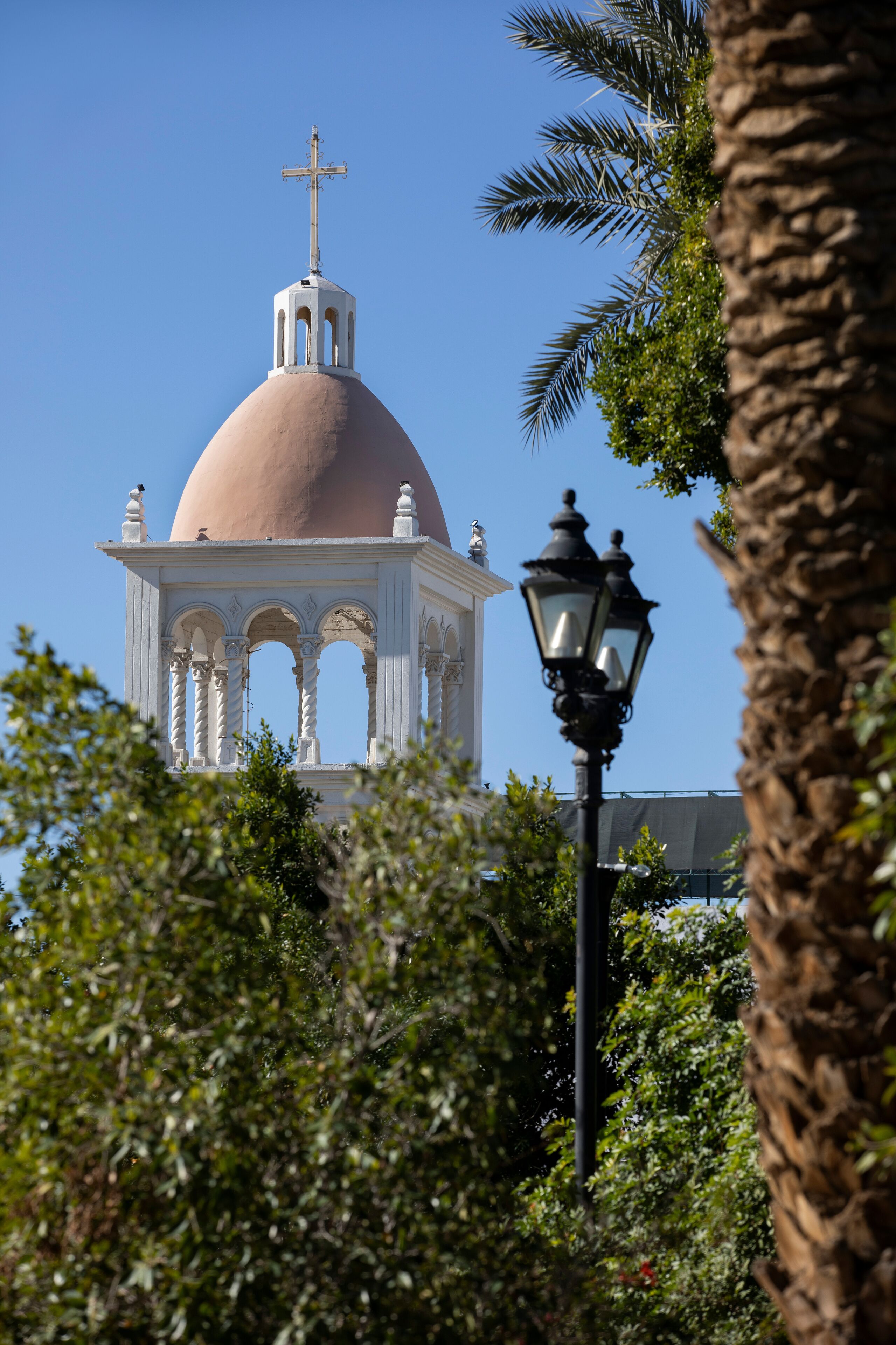 Afternoon sun shines on the historic downtown church of central San Luis Río Colorado, Sonora, Mexico.