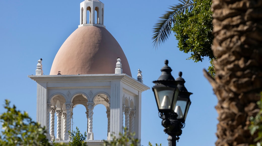 Afternoon sun shines on the historic downtown church of central San Luis Río Colorado, Sonora, Mexico.