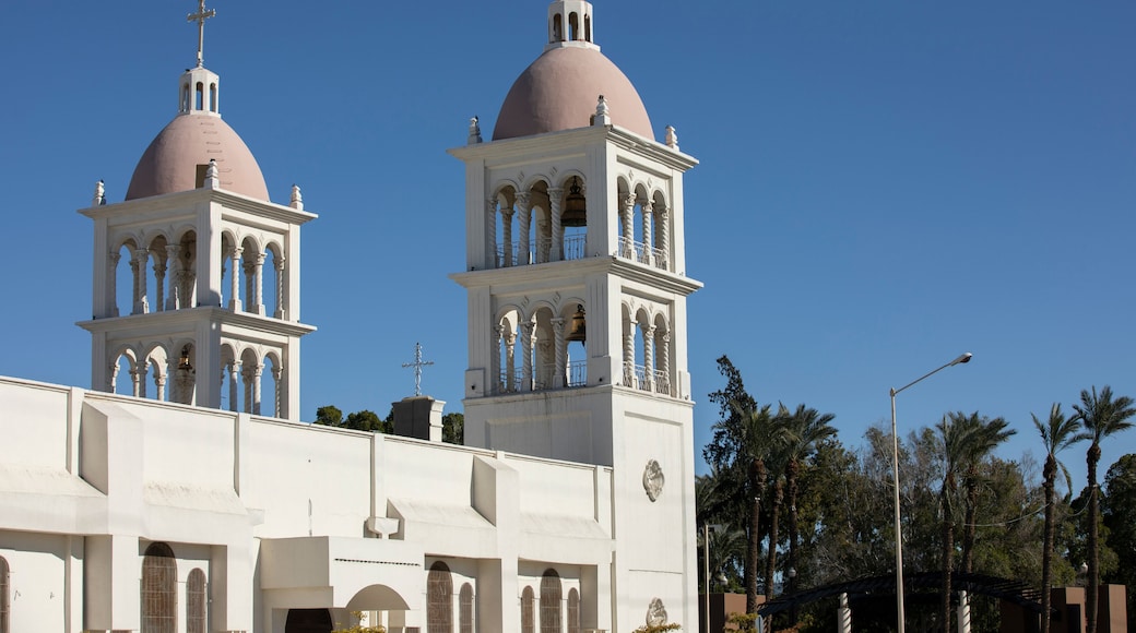 Afternoon sun shines on the historic downtown church of central San Luis Río Colorado, Sonora, Mexico.