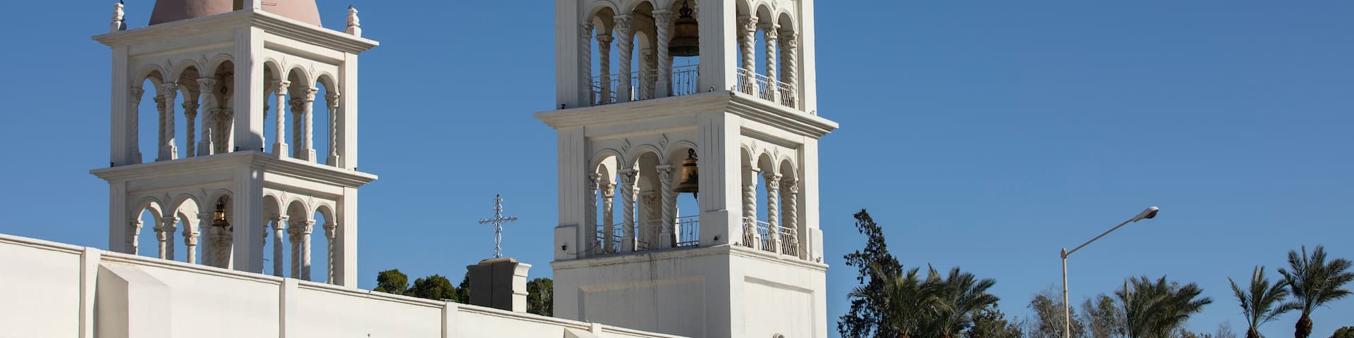 Afternoon sun shines on the historic downtown church of central San Luis Río Colorado, Sonora, Mexico.