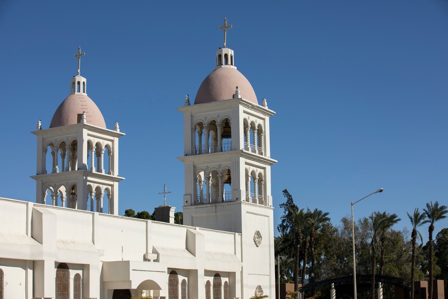 Afternoon sun shines on the historic downtown church of central San Luis Río Colorado, Sonora, Mexico.