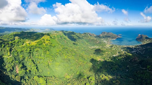 Magnificent aerial view of the bottom of the HANE and HOKATU valleys on the island of UA HUKA in the Marquesas archipelago in French Polynesia