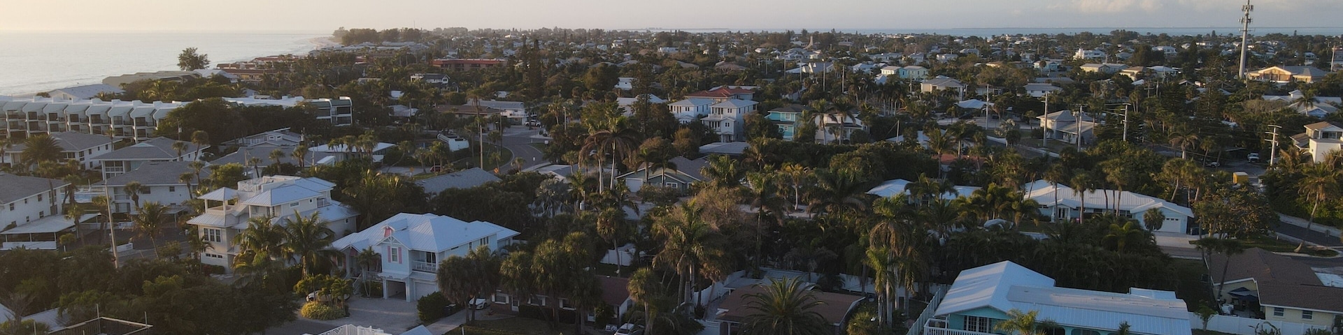 Un área residencial costera con casas, palmeras y una vista despejada del océano.
