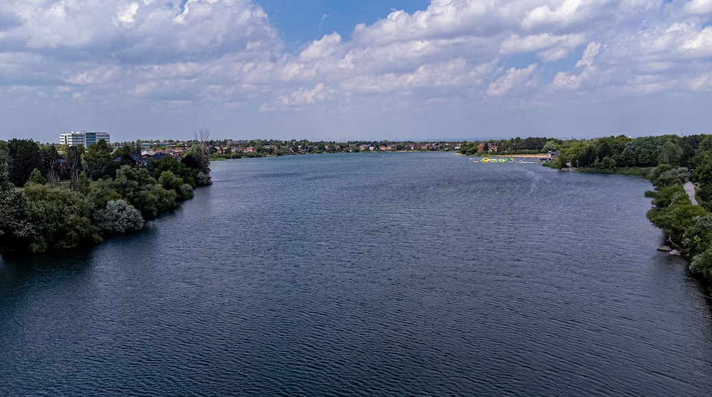 A river flanked by dense greenery and a distant cityscape.