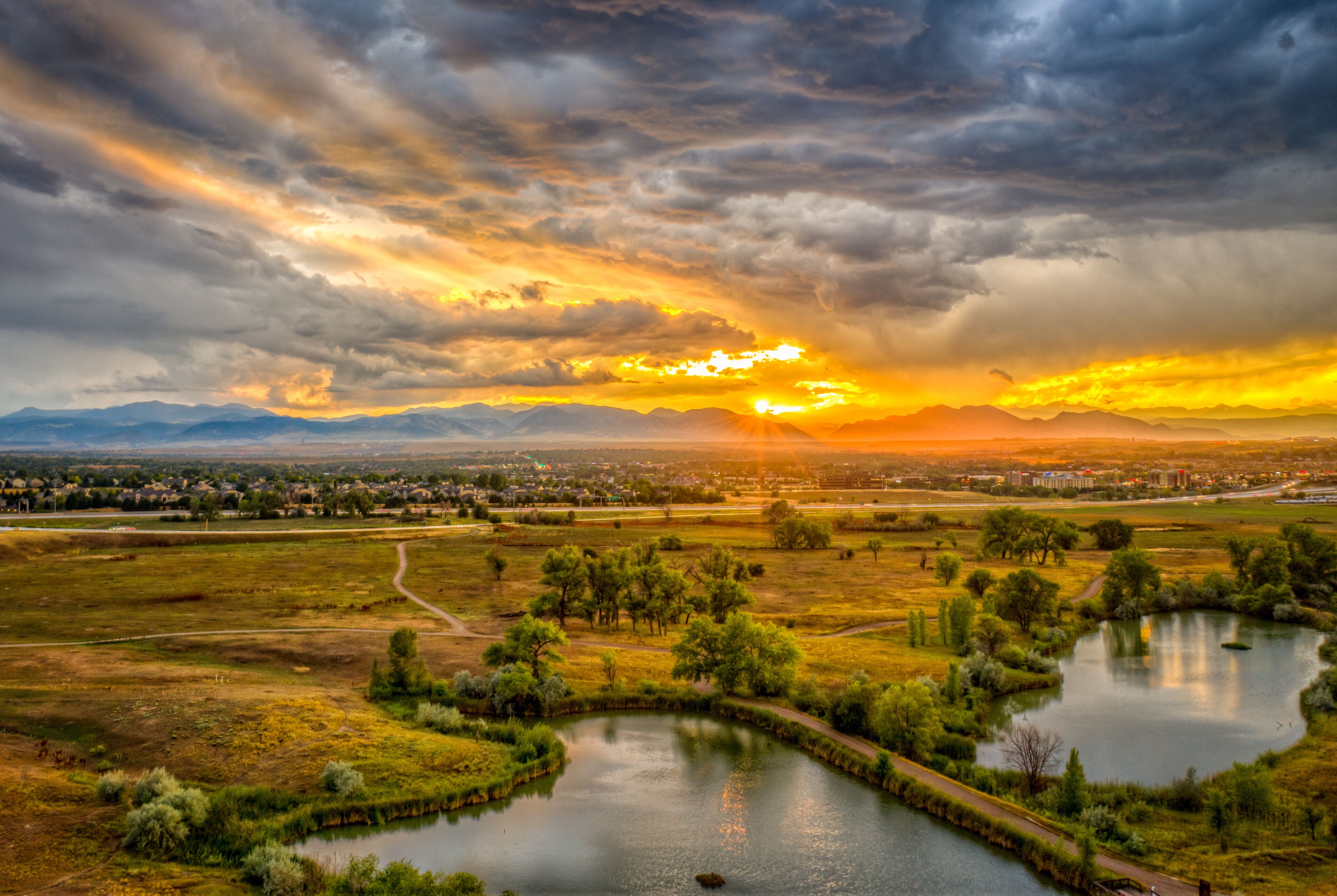 Aerial of sunset over Westminster Colorado