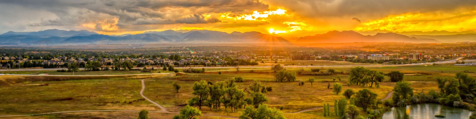 Aerial of sunset over Westminster Colorado