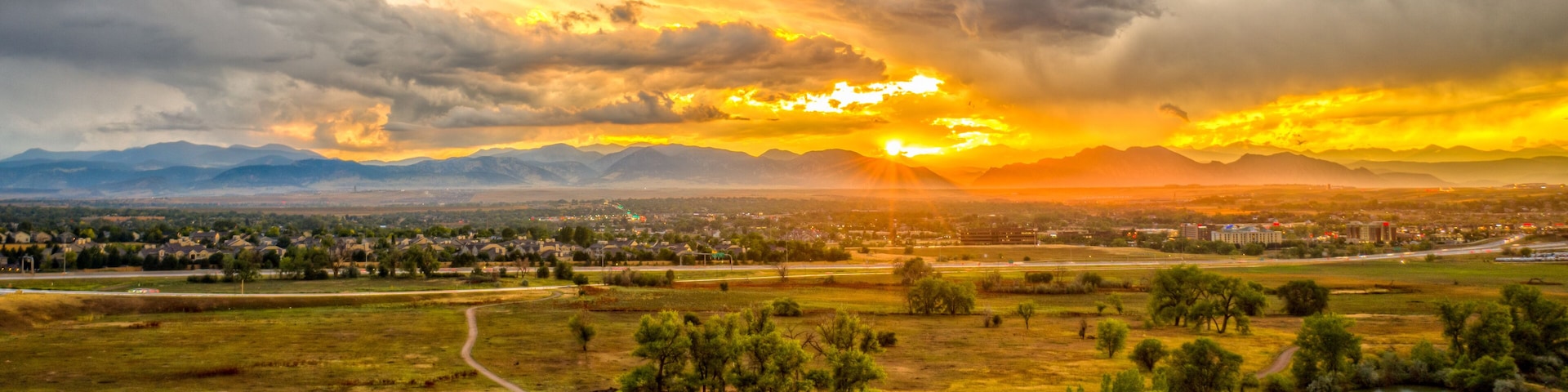 Aerial of sunset over Westminster Colorado