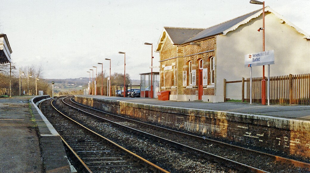 Buxted station, 1990. View northward, towards Eridge and London: ex-LB&SCR London - Oxted - Eridge - Uckfield - Lewes line. (The line was closed Uckfield - Lewes 6/5/69 - by buses from 23/2/69)