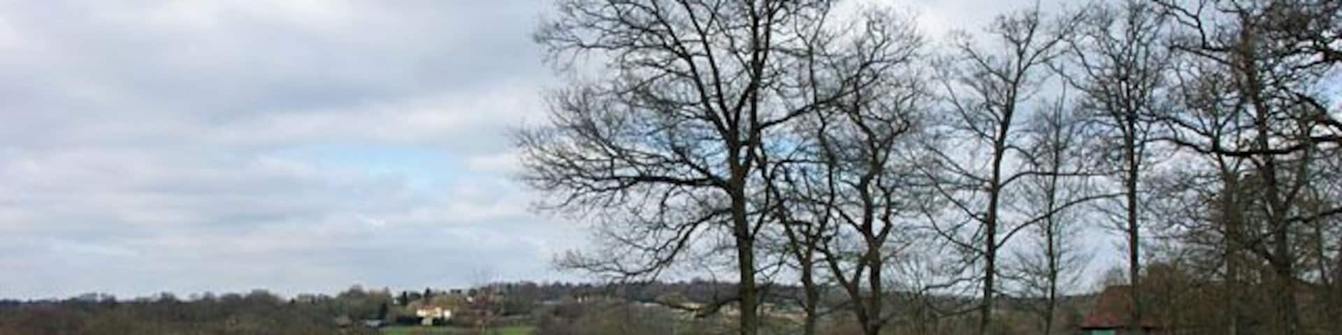 Track to barn The track curves round behind a pond in the trees on the right. There was a name on the gate, so the barn may be converted, or about to be so. High Hurstwood is in the distance.