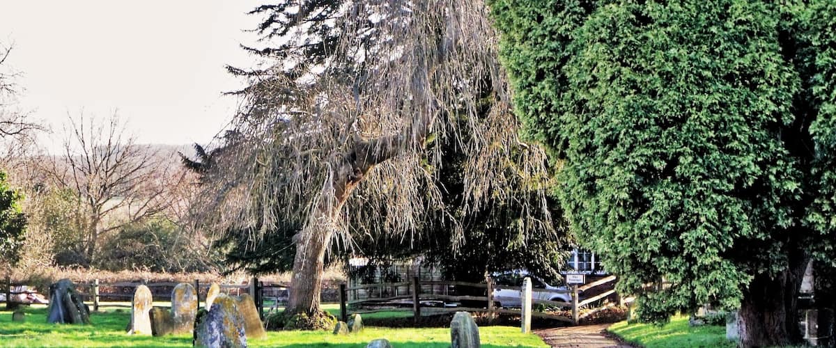 A cemetery with headstones, a brick pathway, and a wooden fence.