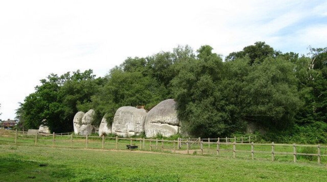 Hermitage Rocks A grey sandstone rock outcrop near High Hurstwood now part of someone's back garden. The rocks once provided shelter to Mesolithic hunting parties with worked flint discovered dating back to around 6000BC. The caves which provided shelter for the hunting party was also home to a medieval hermit who allegedly baptised people in a nearby spring. Beyond the Reformation it appears the cave was used as a place of quarantine for those with infectious diseases before becoming a popular 18th century tourist destination. The rocks are on private land belonging to The Hermitage which can just be seen to the extreme left of the shot, however, a footpath that runs from Fowley Lane to Hurstwood Wood cuts through the bottom of the land which has been turned into paddocks.