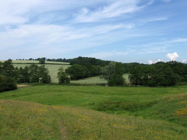 Heading to the River Uck Descending into the valley towards the River Uck marked by the vegetation and footbridge in the middle distance