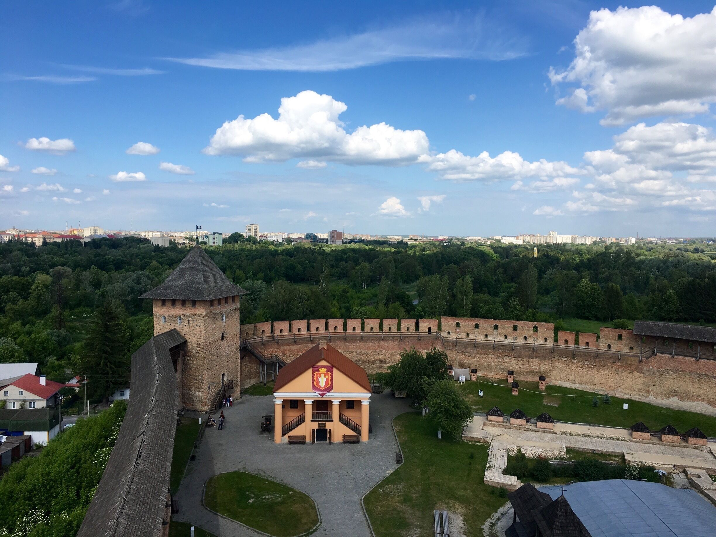 View from one of the three towers of Lubarts Castle. Lutsk has existed as a fortified town from as early as 1075 AD. Later in 1300s stone walls were built. It has withstood numerous sieges throughout its history. 