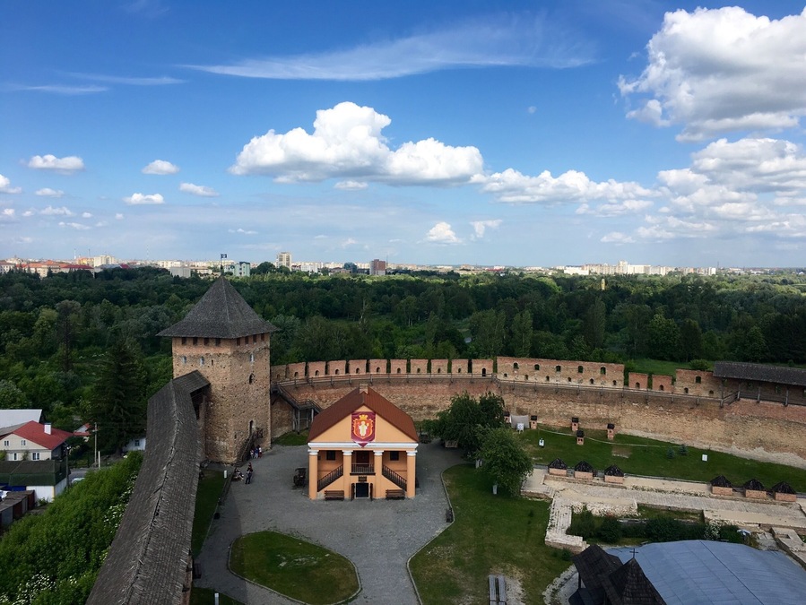 View from one of the three towers of Lubarts Castle. Lutsk has existed as a fortified town from as early as 1075 AD. Later in 1300s stone walls were built. It has withstood numerous sieges throughout its history.