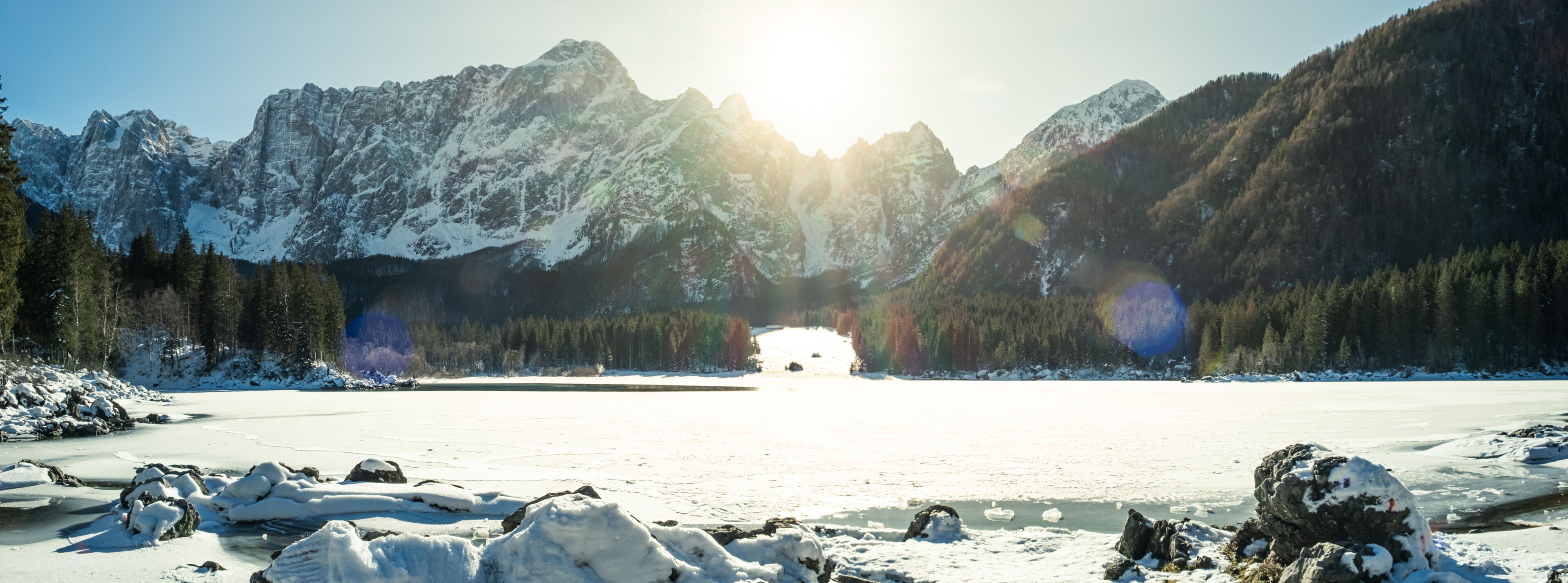 A frozen lake surrounded by snow-covered mountains and dense forests.