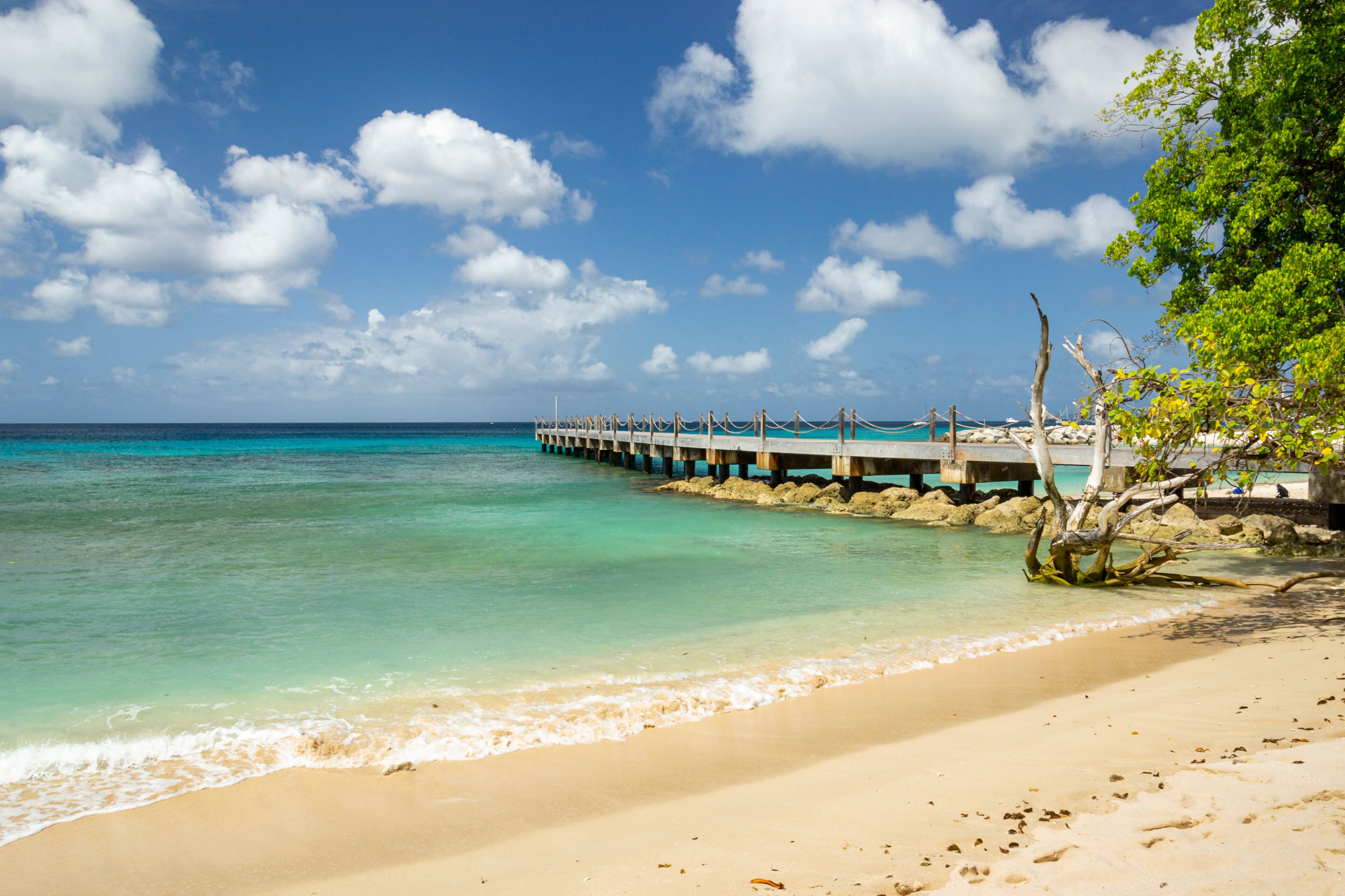 Wooden pier walkway on a beach with turquoise sea at  Speightstown Barbados