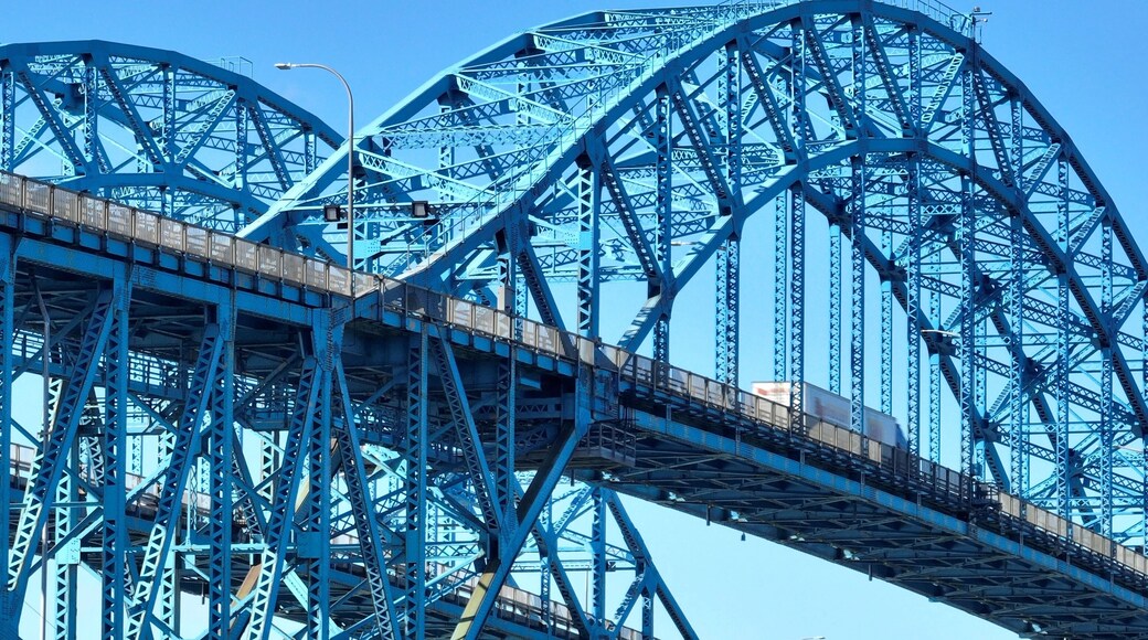Transportation and travel across South Grand Island Bridge over Niagara River near Buffalo, New York beautiful architecture and engineering with blue sky