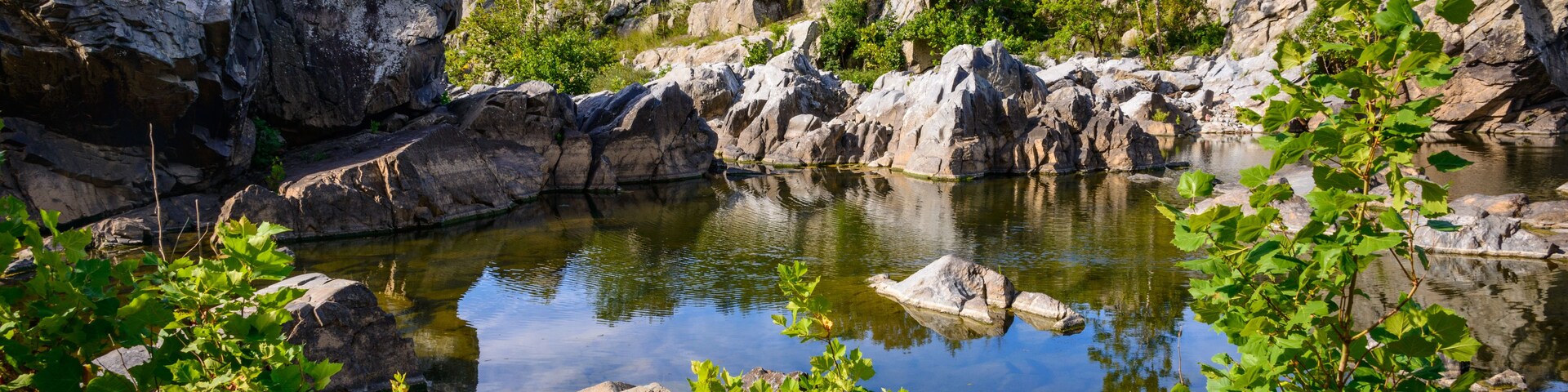 A rocky landscape with a clear pond surrounded by greenery and trees.