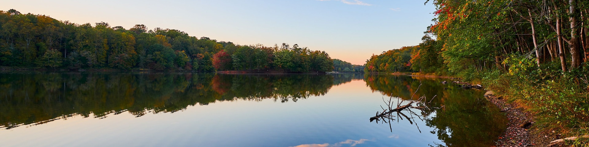 A calm lake with a reflection of trees and sky, surrounded by autumn foliage.