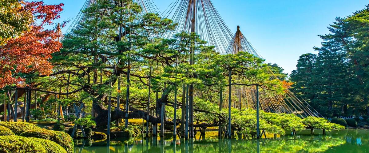 Ein friedlicher japanischer Garten mit Teich, üppigem Grün und traditionellen, kegelförmigen Bauwerken.