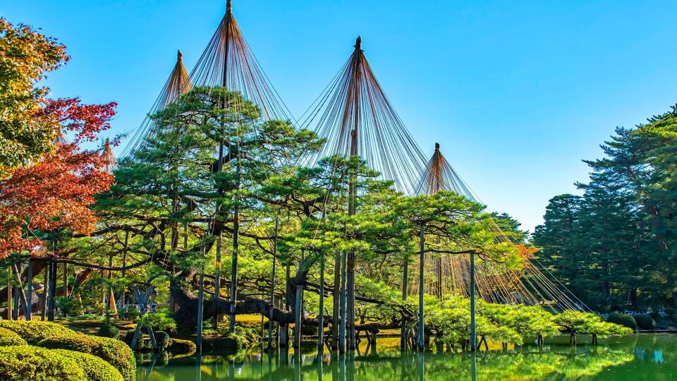Un jardín japonés sereno con un estanque, abundante vegetación y estructuras cónicas tradicionales.