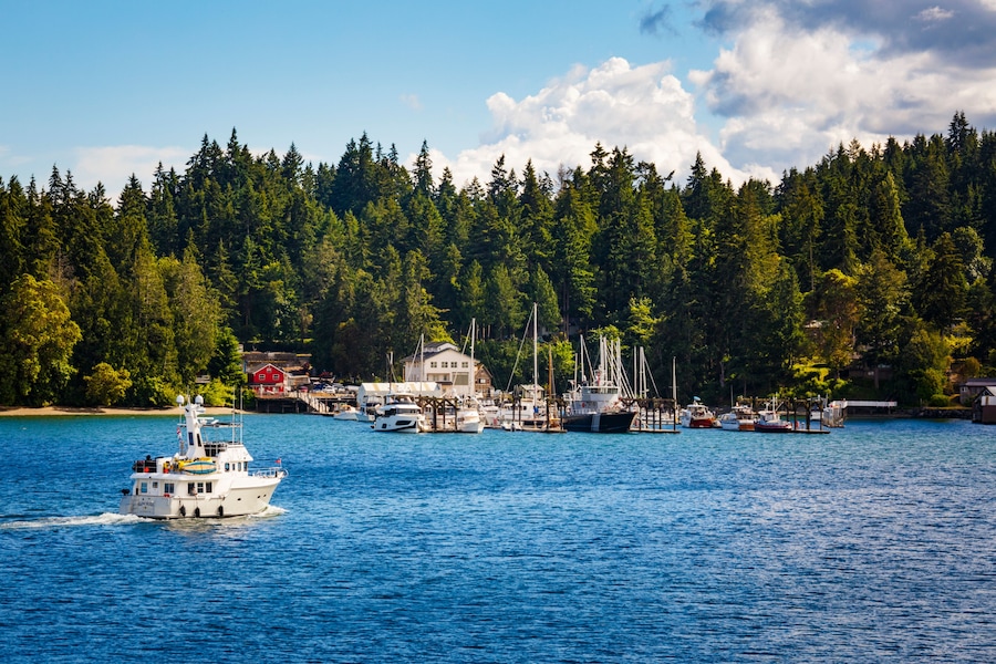 A harbor with boats, a red building, and a forested hillside.