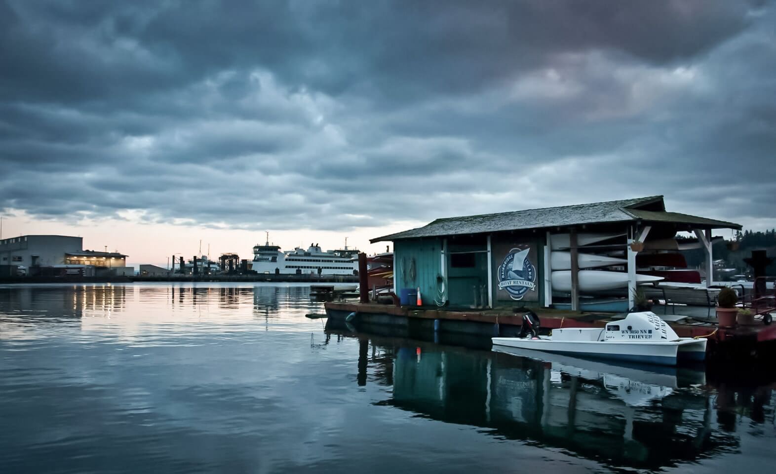 Dusk settles over marina in Bainbridge Island