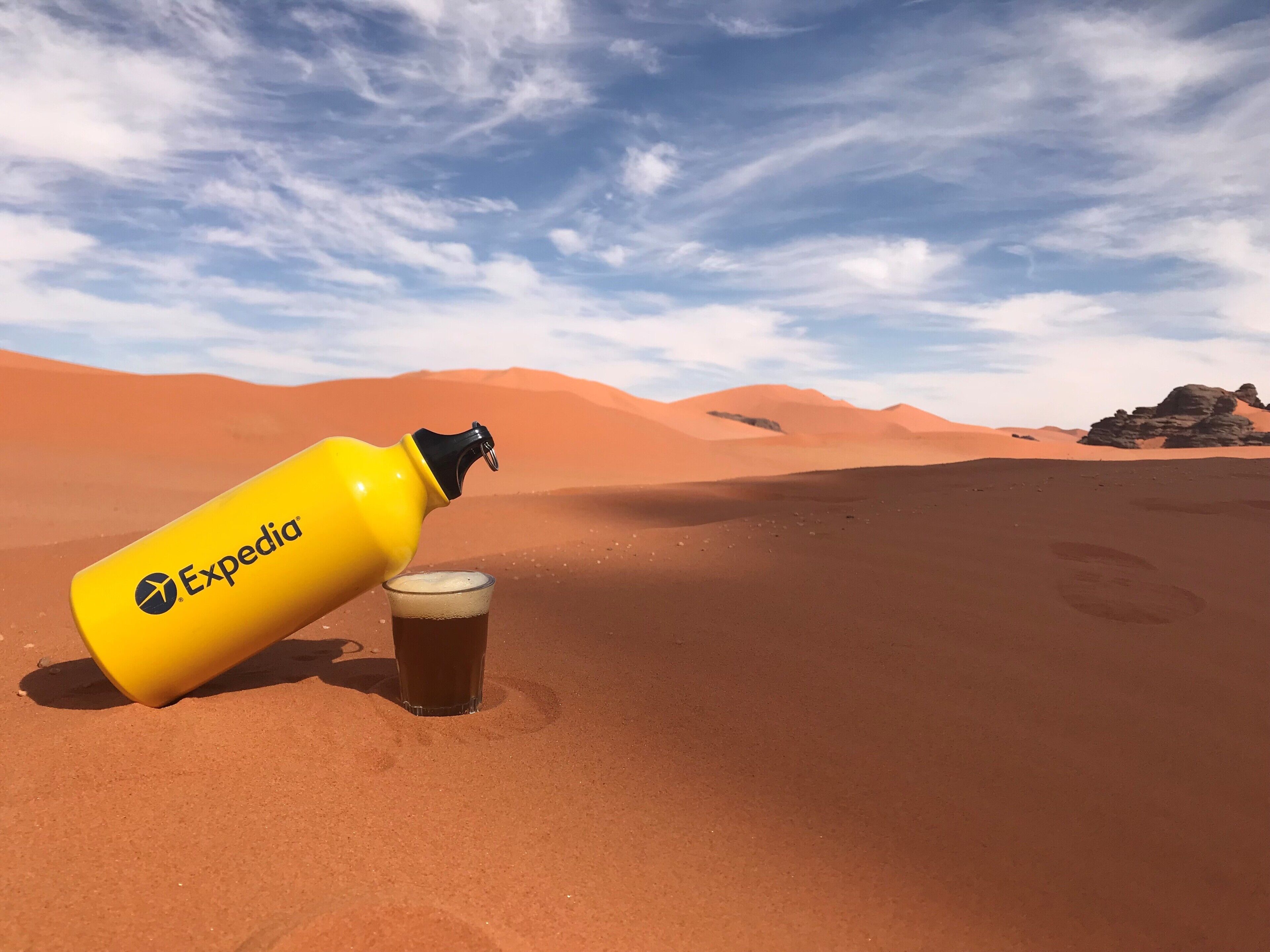 Between the dunes, we had breaks, and Touaregs offered us their famous tea! although it was strong, i got use to it after 2 days :-) 
they usually serve the tea, 3 times in a row.
1st is "sour" like death
2nd is "soft" like life 
3rd is "sweet" as love 
#lifeatexpedia 
 