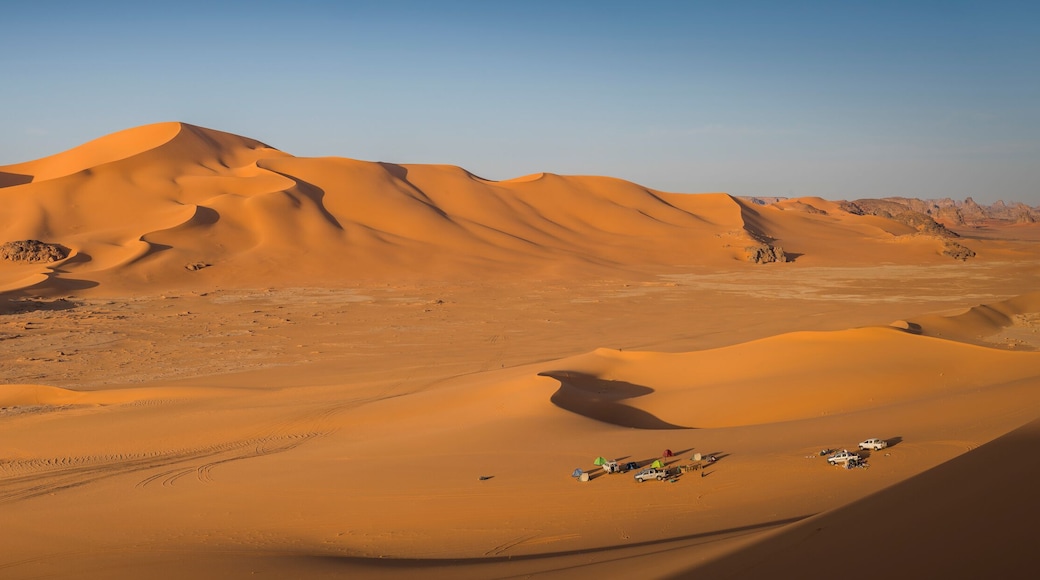 Panoramic Aerial View of sand dunes at sunset in the Sahara desert, Djanet, Algeria, Africa.